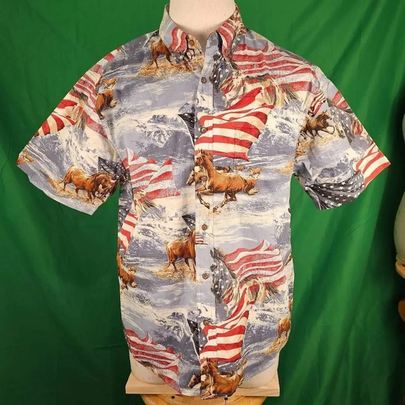 Brit & Bridle Mens Patriotic USA Flag Horse Short Sleeve Button Down Shirt Large - Picture 1 of 4